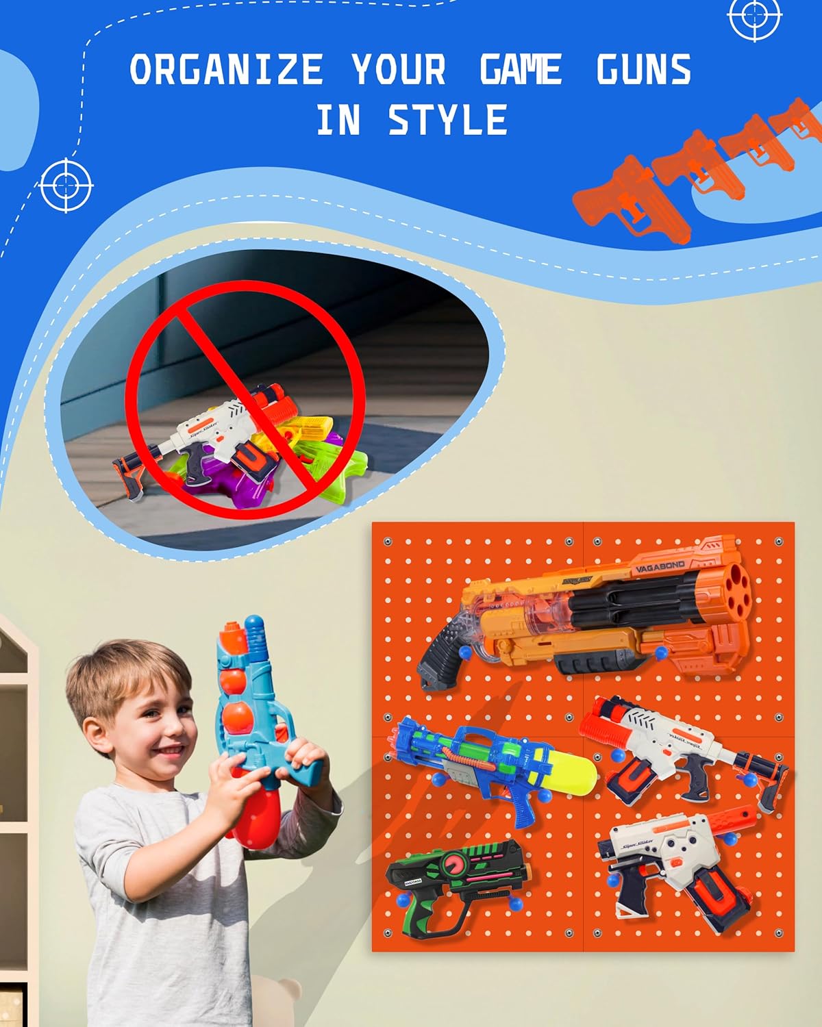 Skywin Wooden Pegboard for Nerf Gun Storage, Nerf Gun Wall Mount Eagle Shape, Compatible with All Blasters, Rack for Wall Organization - Birthday Gift for Kids (Orange)