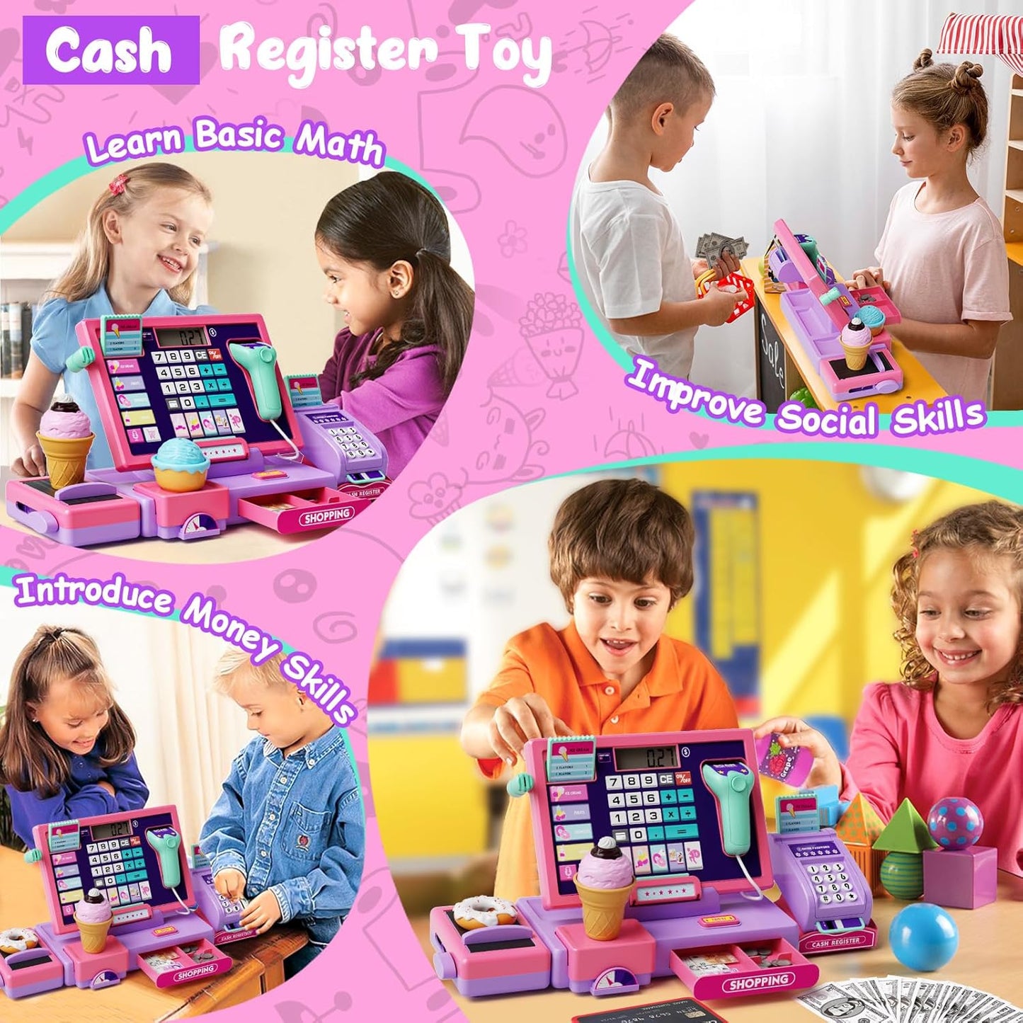 Kids Cash Register Toy Playset, Toddler Prentend Play Store with Real Calculator Cash Register with Scanner/Credit Card/Play Money/Food, Learning Toys for Boys Girls Toddlers(Pink)