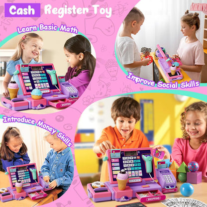 Kids Cash Register Toy Playset, Toddler Prentend Play Store with Real Calculator Cash Register with Scanner/Credit Card/Play Money/Food, Learning Toys for Boys Girls Toddlers(Pink)