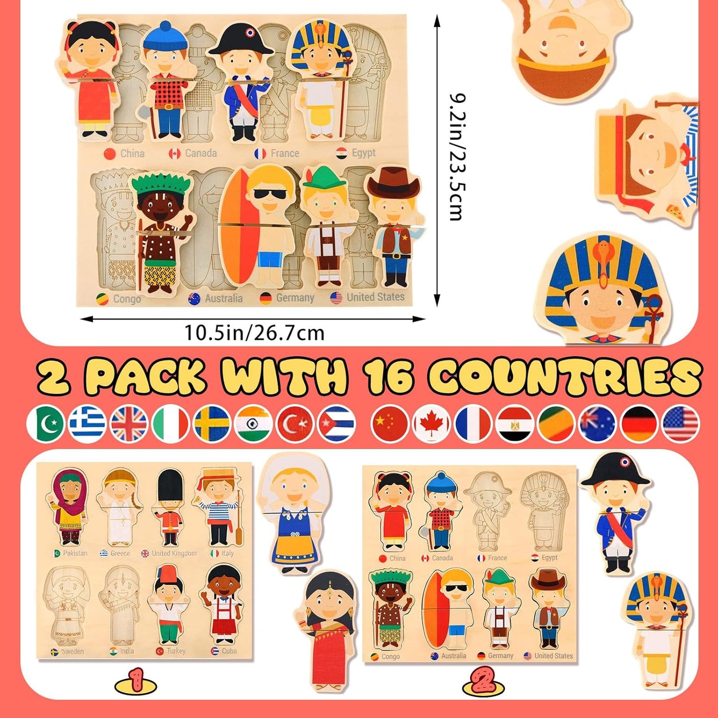 2 Set Wooden World Countries Puzzles for Toddlers 16 Mix and Match Racial Cognition Characters Diversity Educational Toys Multicultural Dress-Up Peg Puzzle Learning Toy for Boys and Girls
