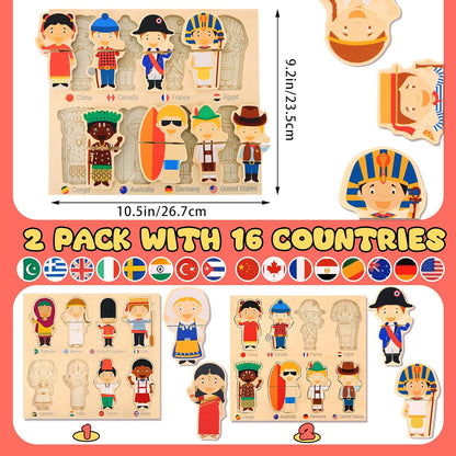 2 Set Wooden World Countries Puzzles for Toddlers 16 Mix and Match Racial Cognition Characters Diversity Educational Toys Multicultural Dress-Up Peg Puzzle Learning Toy for Boys and Girls