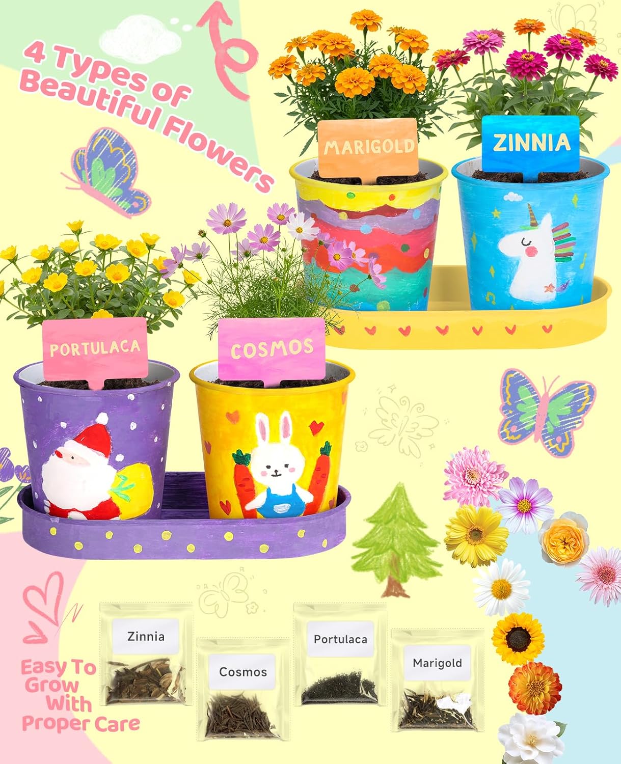 YAUNGEL Paint & Plant Flower Kids Gardening Set, Arts and Crafts for Kids Ages 8-12 Plant Growing Kit with 4 Pots, Easter Birthday Gifts for Girls & Boys Children
