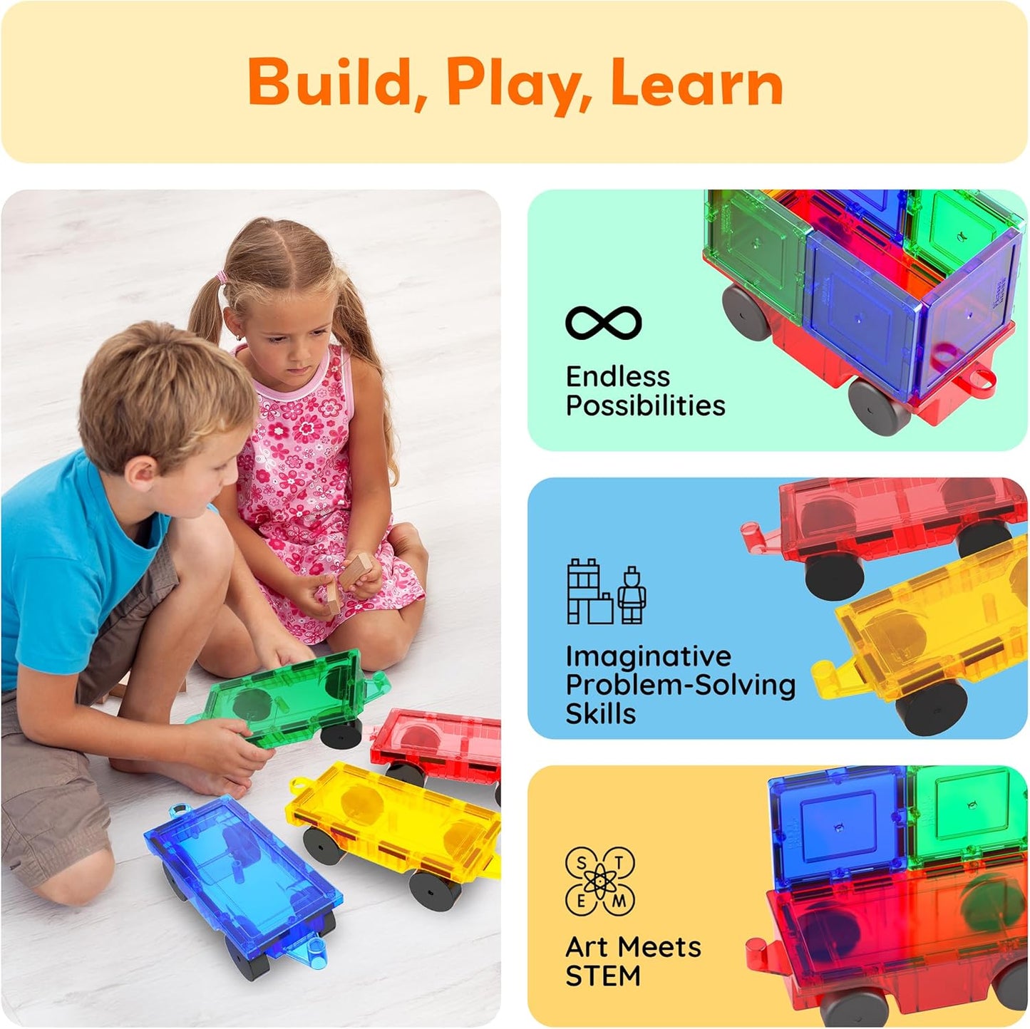 PicassoTiles 2 Piece Car Truck Construction Kit Toy Set Vehicle for Magnetic Blocks Building Tile Sensory Magnet Toys with Re-Enforced Hitch & Long Bed Educational Puzzle Girls Boys Toddlers Ages 3+