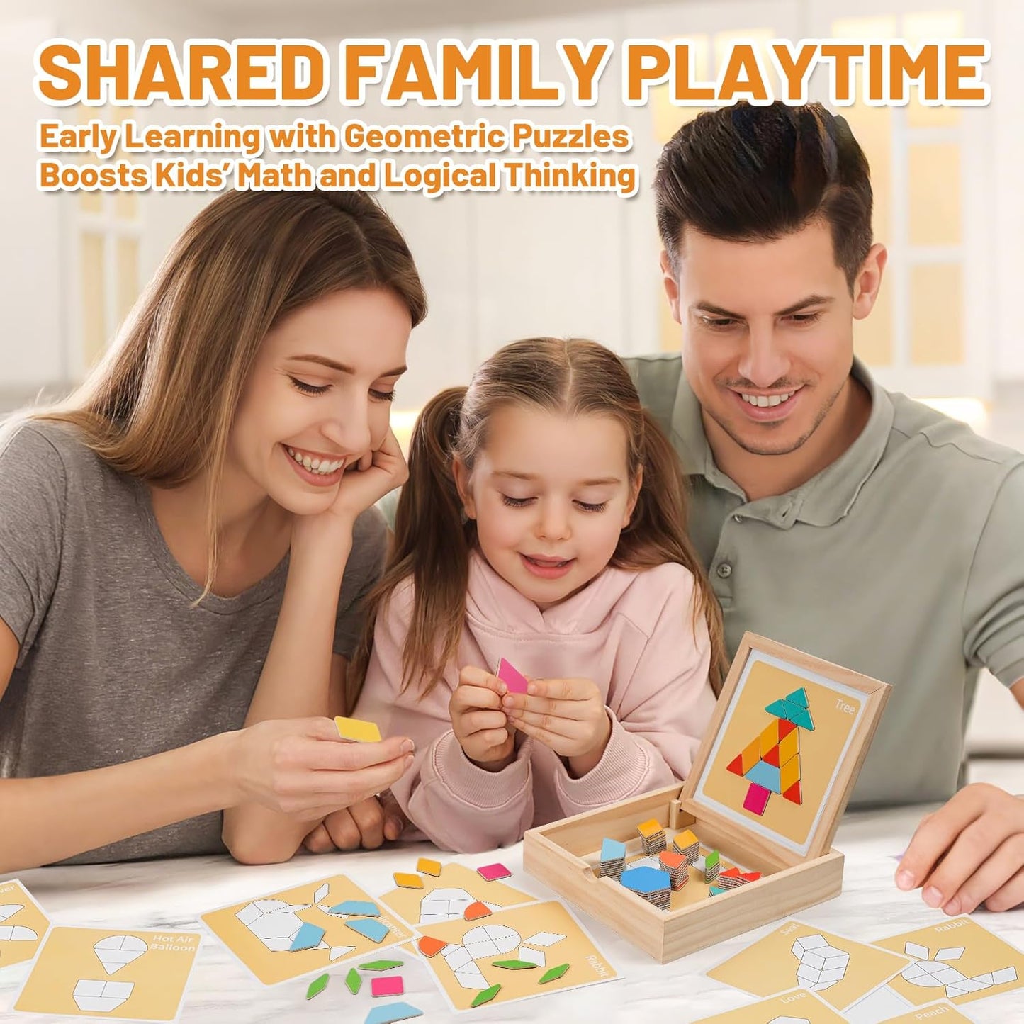 130 Pcs Wooden Magnetic Pattern Blocks Set, Montessori Tangram Puzzle with Pattern Cards & Storage Box, STEM Educational Toy for Toddlers & Kids Ages 4–8, Creative Gift for Boys & Girls