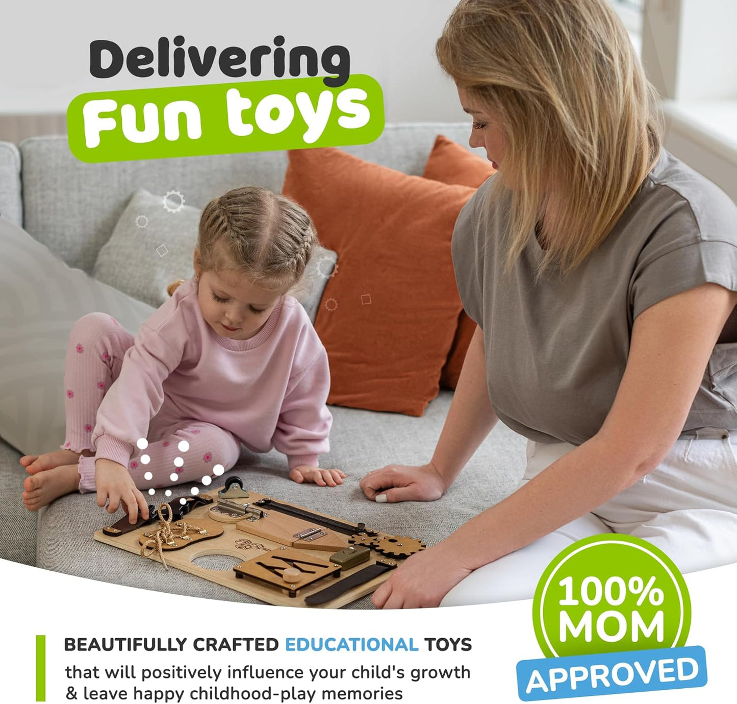deMoca Toddler Busy Board for 1 Year Old, Travel Baby Wooden Montessori Busy Board for Toddlers 1–3, Switch and Fidget Activities for Early Motor Skills and Travel Play