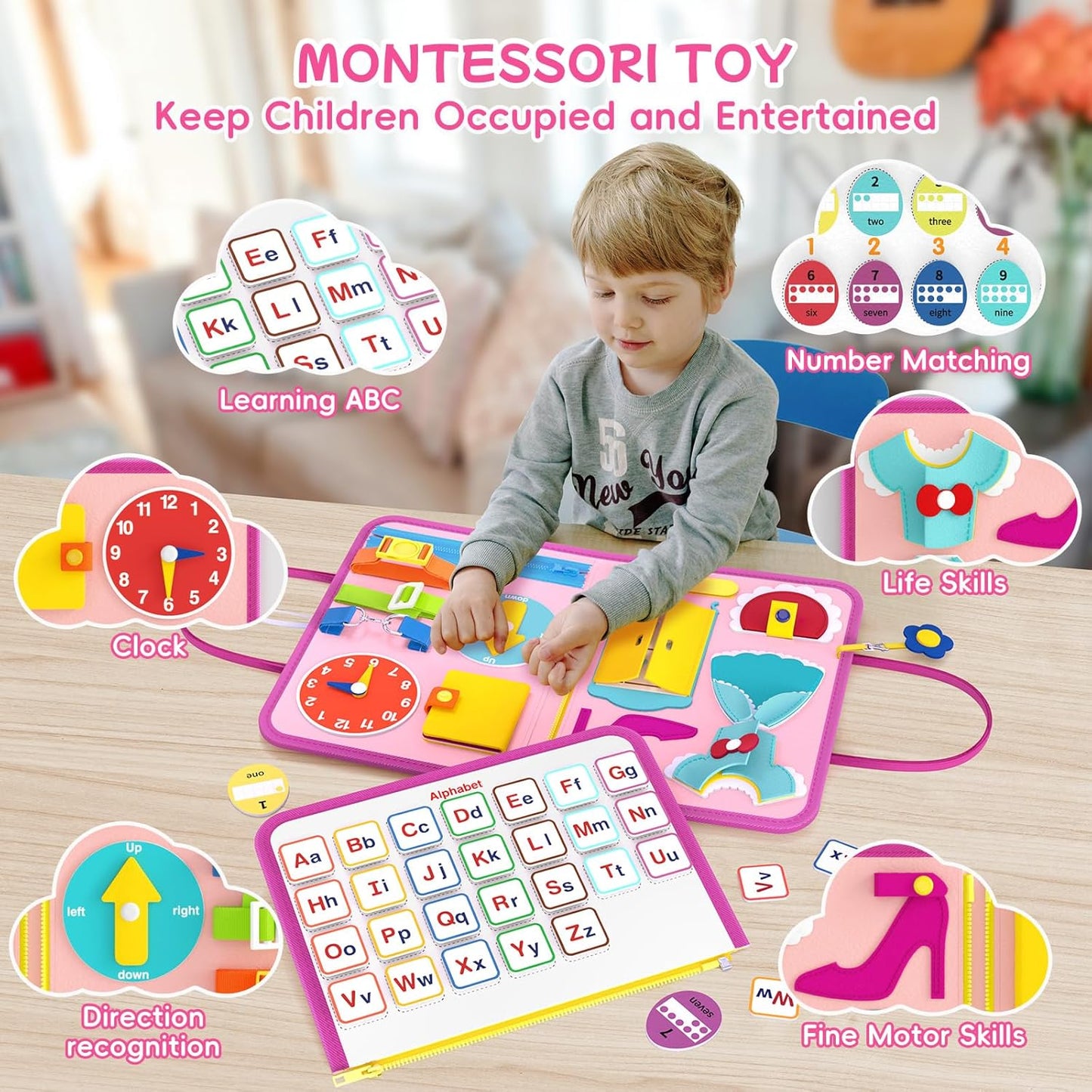 Freebear Busy Board Toddler Travel Toys Sensory Toys for Toddlers 1 2 3 4, Montessori Learning Toys for Toddlers Activities Board, Educational Toys for 3 4 Year Old Boys Girls Gift, Dinosaur
