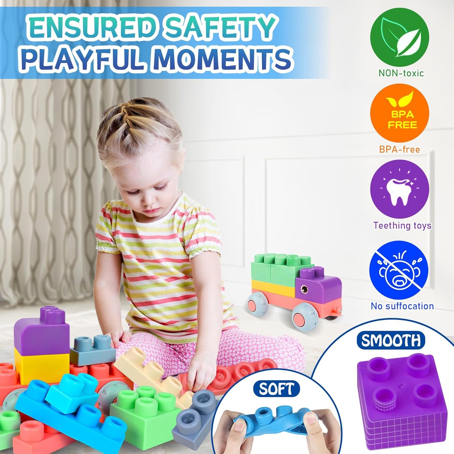 Soft Building Blocks for Toddlers, Large Building Blocks Stacking Blocks for Babies 6 Months and Up Stem Toddler Gifts, Teething Toys, 40 PCS