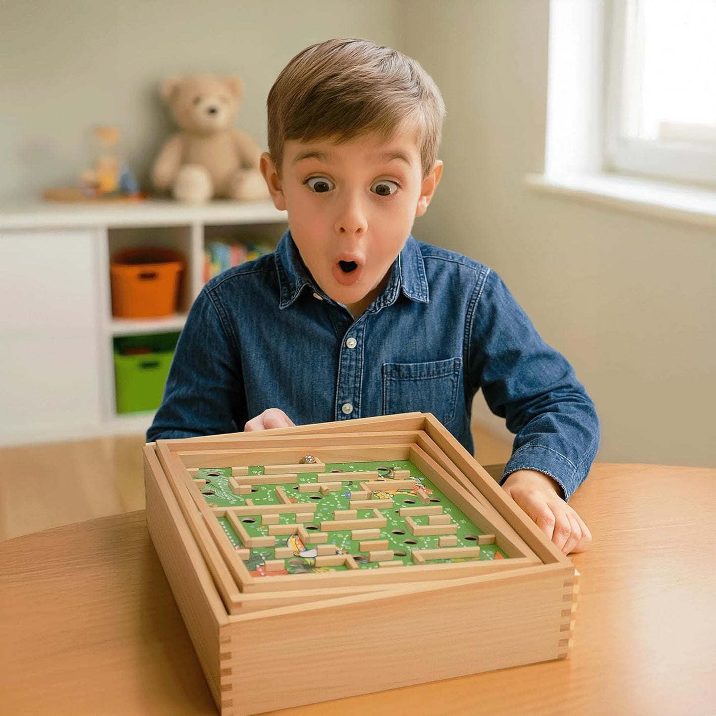 STERLING Wooden Labyrinth Marble Maze Game, Large 12.75" x 11.5" Tilt Maze Game Board with 60 Waypoints and Marble Balls Included, for Kids and Adults 6 Years and Up