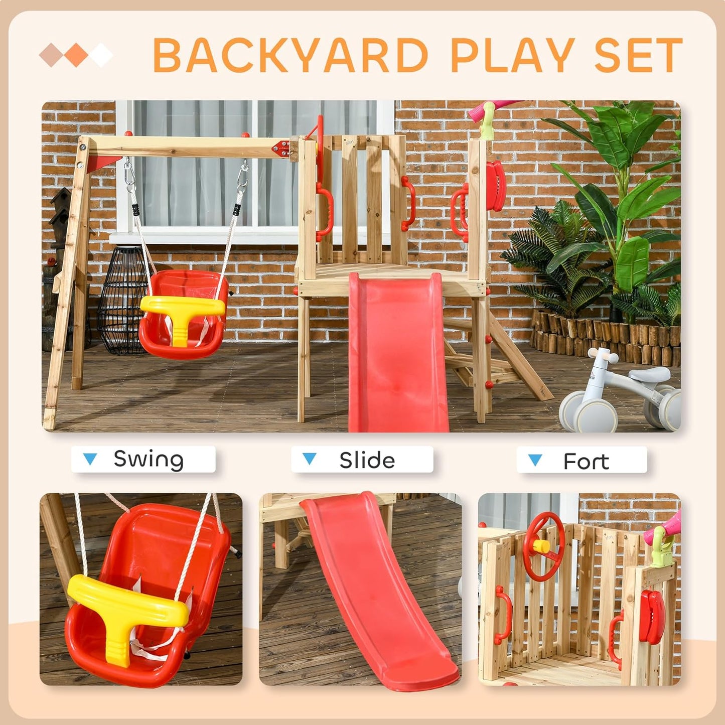 Outsunny Swing Set for Backyard, Wooden Toddler Outdoor Playset with Baby Swing Seat, Kids Slide, Fort, Playground Equipment with Captain's Wheel, Telescope for Ages 1.5-4, Natural