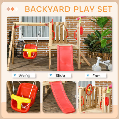 Outsunny Swing Set for Backyard, Wooden Toddler Outdoor Playset with Baby Swing Seat, Kids Slide, Fort, Playground Equipment with Captain's Wheel, Telescope for Ages 1.5-4, Natural