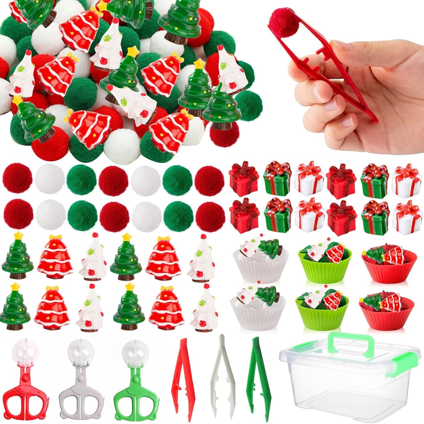 266 Pcs Christmas Sensory Bin Filler Fine Motor Toys Counting Sorting 200 Christmas Pompoms 50 Resin Mini Xmas Toys Tweezers Silicone Plates Storage Box for Winter Xmas Sorting Counting Training ﻿