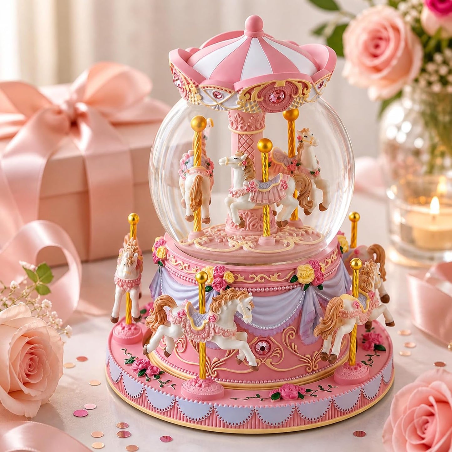 Blue Carousel Snow Globe Music Box with LED Lights, Rotating Horse Merry Go Round with Glitter Snowfall, Wind Up Musical Snow Globe Plays Over the Rainbow, Gift for Daughter Granddaughter Women