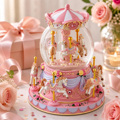 Blue Carousel Snow Globe Music Box with LED Lights, Rotating Horse Merry Go Round with Glitter Snowfall, Wind Up Musical Snow Globe Plays Over the Rainbow, Gift for Daughter Granddaughter Women