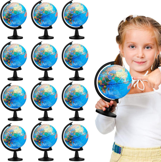 Meooeck 12 Pcs World Globe with Stand 4.6 Inch Geographic World Globe Bulk for Kids Students Learning Educational Classroom Desk Table Decoration, Blue