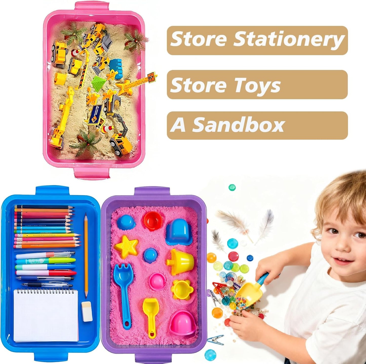 4 Qt (3.8L) Sensory Bin With Lid - 3 Pack, Stackable Storage Sensory Bins with Lids, Portable Sandbox, Organizers Sand, Arts, Crafts, (Blue, Green, Purple)