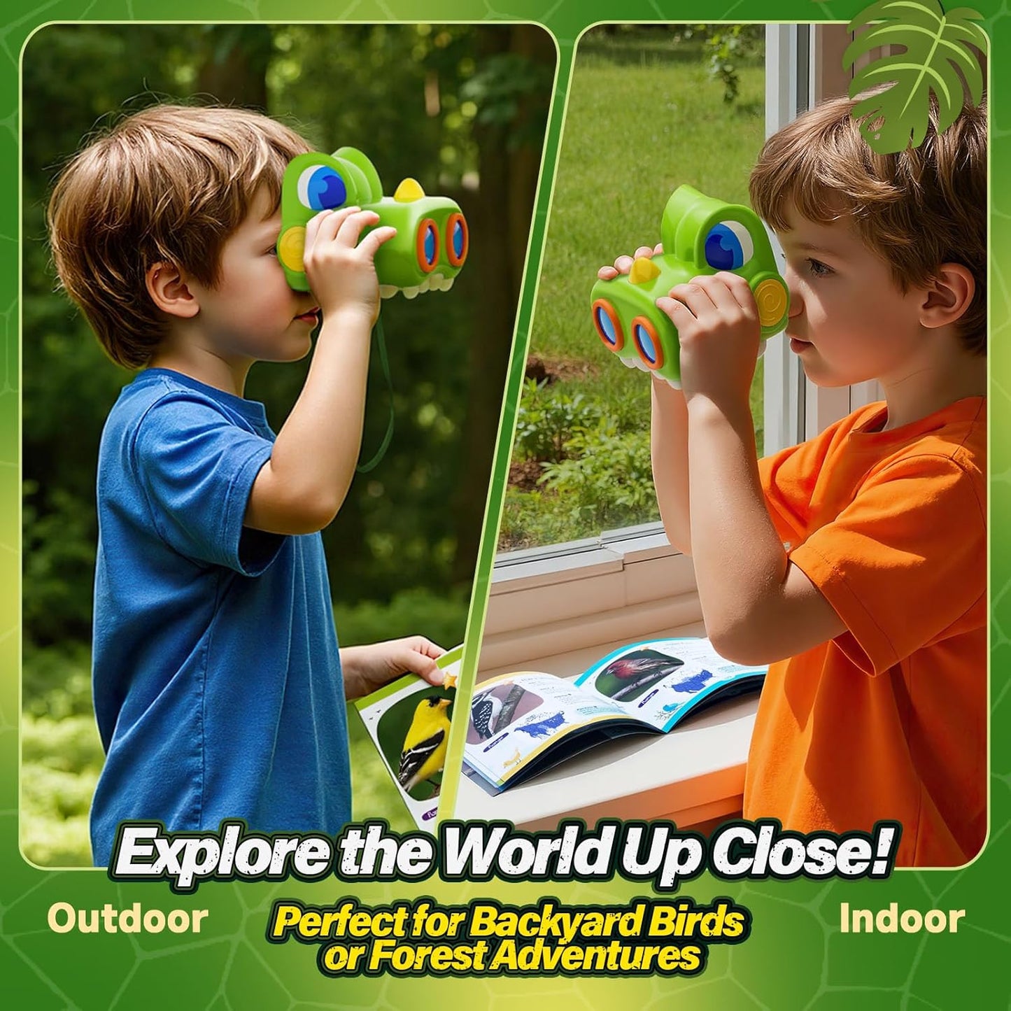 Dinosaur Toys for Boys Age 3-12 Kids Binoculars, Dinosaur Binoculars with Compass & Bird Watching Manual,3 4 5 6 7 8 9 10 11 12 Year Old Boys Toys, Outdoor Camping Exploration (Green)