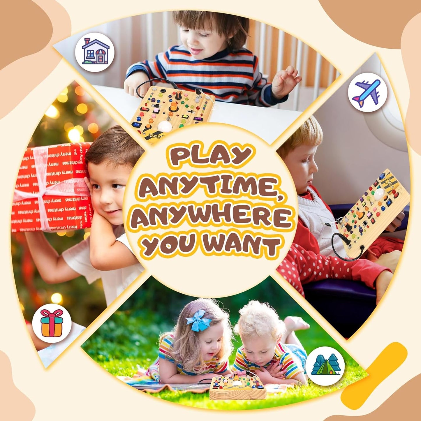 Busy Board with LED Light Switches, Montessori Toys for 1 2 3 Years Old, Toddlers Wooden Toy Sensory Activity Board, Travel Toys for 1+ Year Old Boy & Girl Birthday Gift