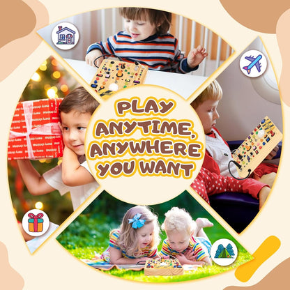 Busy Board with LED Light Switches, Montessori Toys for 1 2 3 Years Old, Toddlers Wooden Toy Sensory Activity Board, Travel Toys for 1+ Year Old Boy & Girl Birthday Gift