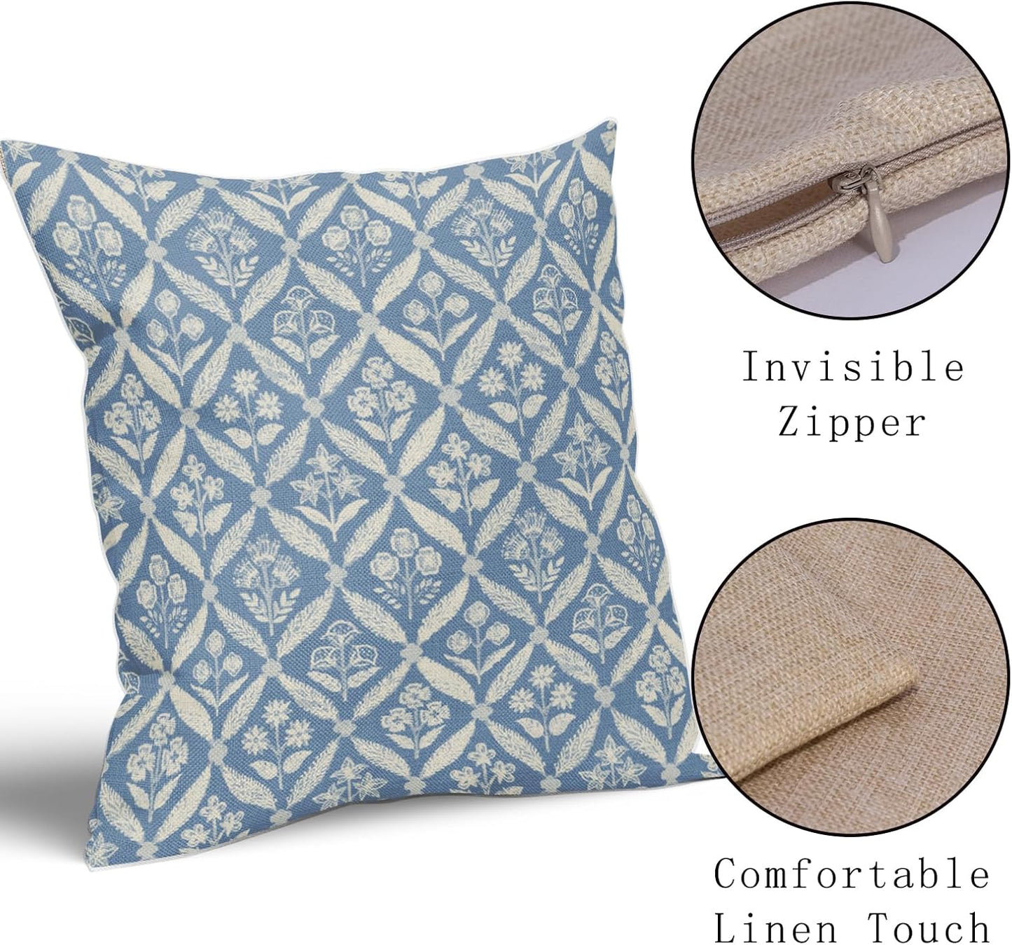 Blue Green Floral Block Print Pillow Covers 12X20 Set of 2, Flower Pattern Spring Summer Print Decorative Throw Pillow Covers Outdoor Farmhouse Seasonal Cushion Case Couch Sofa Bed Decor