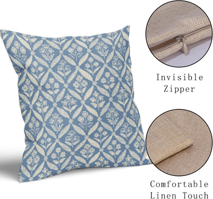 Blue Green Floral Block Print Pillow Covers 12X20 Set of 2, Flower Pattern Spring Summer Print Decorative Throw Pillow Covers Outdoor Farmhouse Seasonal Cushion Case Couch Sofa Bed Decor