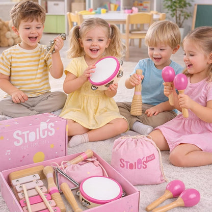 Stoie's Wooden Toddler Musical Instruments with Drum, Hand Bells, Flute, Maracas, Castanet, Tamburine, for Babies and Kids, Eco Friendly Montessori Educational Toy