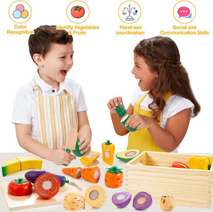 Wooden Play Food for Toddlers, Fruit and Veggies Cutting Set for Kids, Pretend Food Play Kitchen Accessories for 3 4 5 6 7 Years Old Boys & Girls