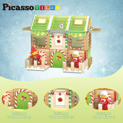 PicassoTiles Magnetic Tile Christmas Holidays Cottage Building Set with Santa Elves Nutcracker 6 Character Figures STEM Educational Construction Toy Winter Magnet Block Gift for Kids Age 3 Plus PTQ08