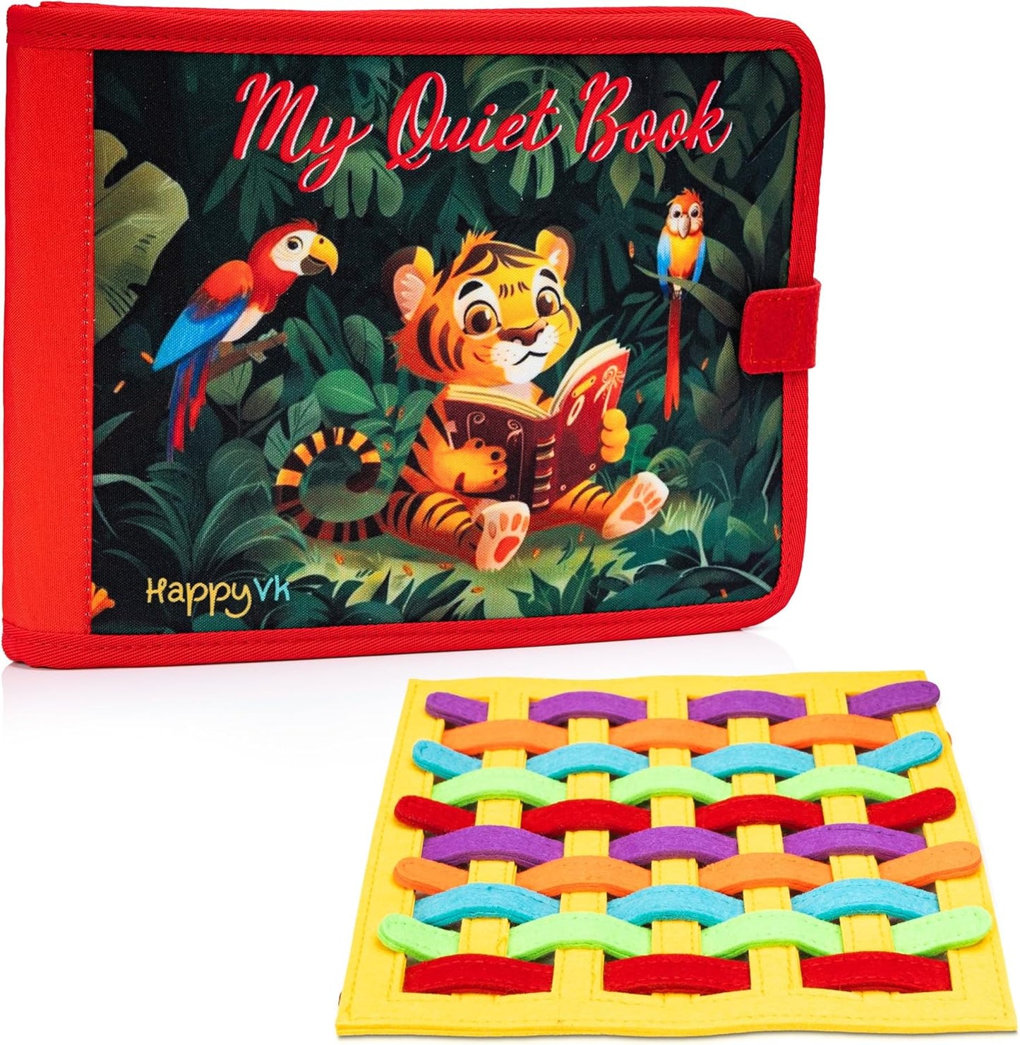 HappyVk Busy Book for Toddlers - Montessori Travel Toys with 13 Educational Activities - My Quiet Book - and A Felt Activity Board Game with 10 Weaving Strips