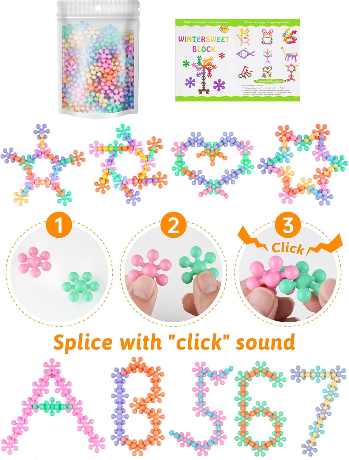 Snowflake Interlocking Building Block Educational Toy 300PCS for Kids Ages 3+, Multi-Color Solid Plastic Early Learning Creativity STEM Toy with Carrying Case Safe Material