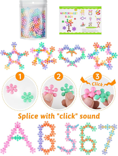 Snowflake Interlocking Building Block Educational Toy 300PCS for Kids Ages 3+, Multi-Color Solid Plastic Early Learning Creativity STEM Toy with Carrying Case Safe Material