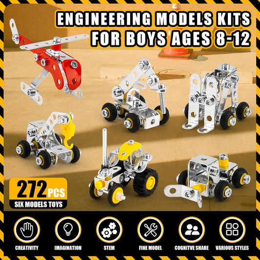 6 Mini Models for Kids Ages 8-12, 272pcs,Engineering Toys with Truck，Forklift，Excavator Car Building Kit and so on, Compatible with Metal Building Model Sets,Assembly Toys Gifts for Boys & Girls