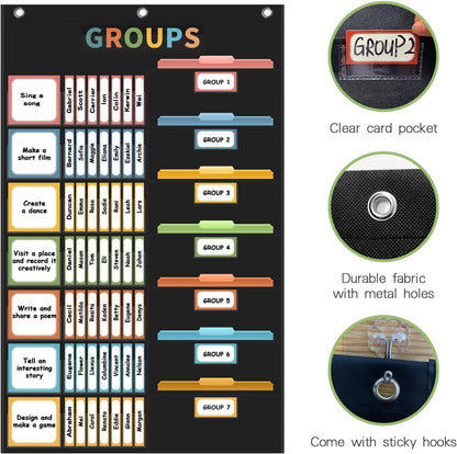 REGELETO Small Group Management Pocket Chart with 96 Cards Classroom Jobs Chart Small Group Organizer and on Task for School Teacher Homeschool Learning Supplies (Black)