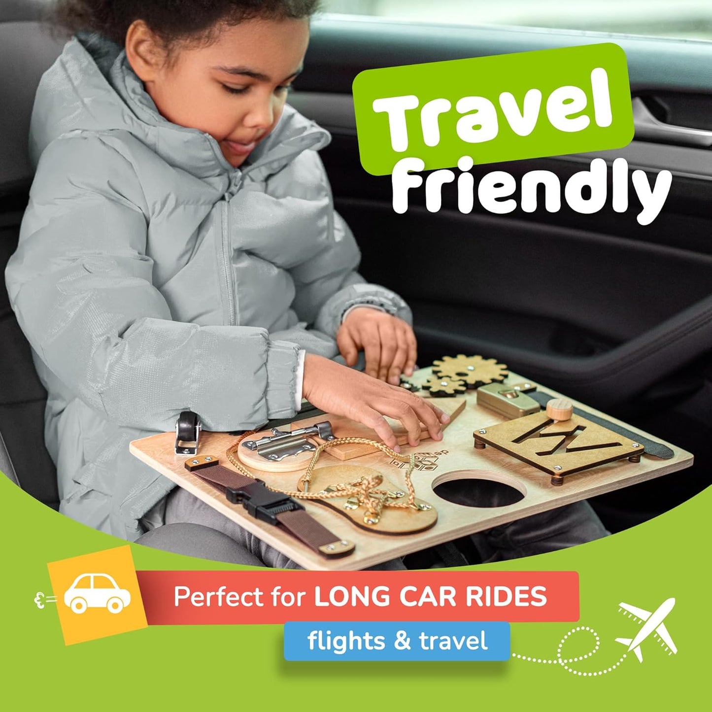deMoca Toddler Busy Board for 1 Year Old, Travel Baby Wooden Montessori Busy Board for Toddlers 1–3, Switch and Fidget Activities for Early Motor Skills and Travel Play