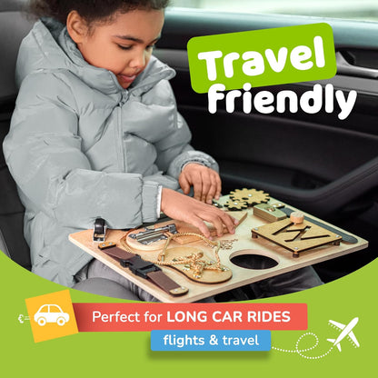 deMoca Toddler Busy Board for 1 Year Old, Travel Baby Wooden Montessori Busy Board for Toddlers 1–3, Switch and Fidget Activities for Early Motor Skills and Travel Play