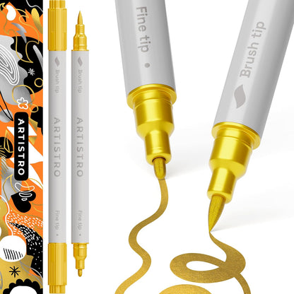 ARTISTRO 2 Gold & Silver Dual-Tip Acrylic Paint Pens - Multisurface Markers for Glass, Rock, Fabric, Wood, Plastic & More - 5mm Dot + 1mm Fine Tips