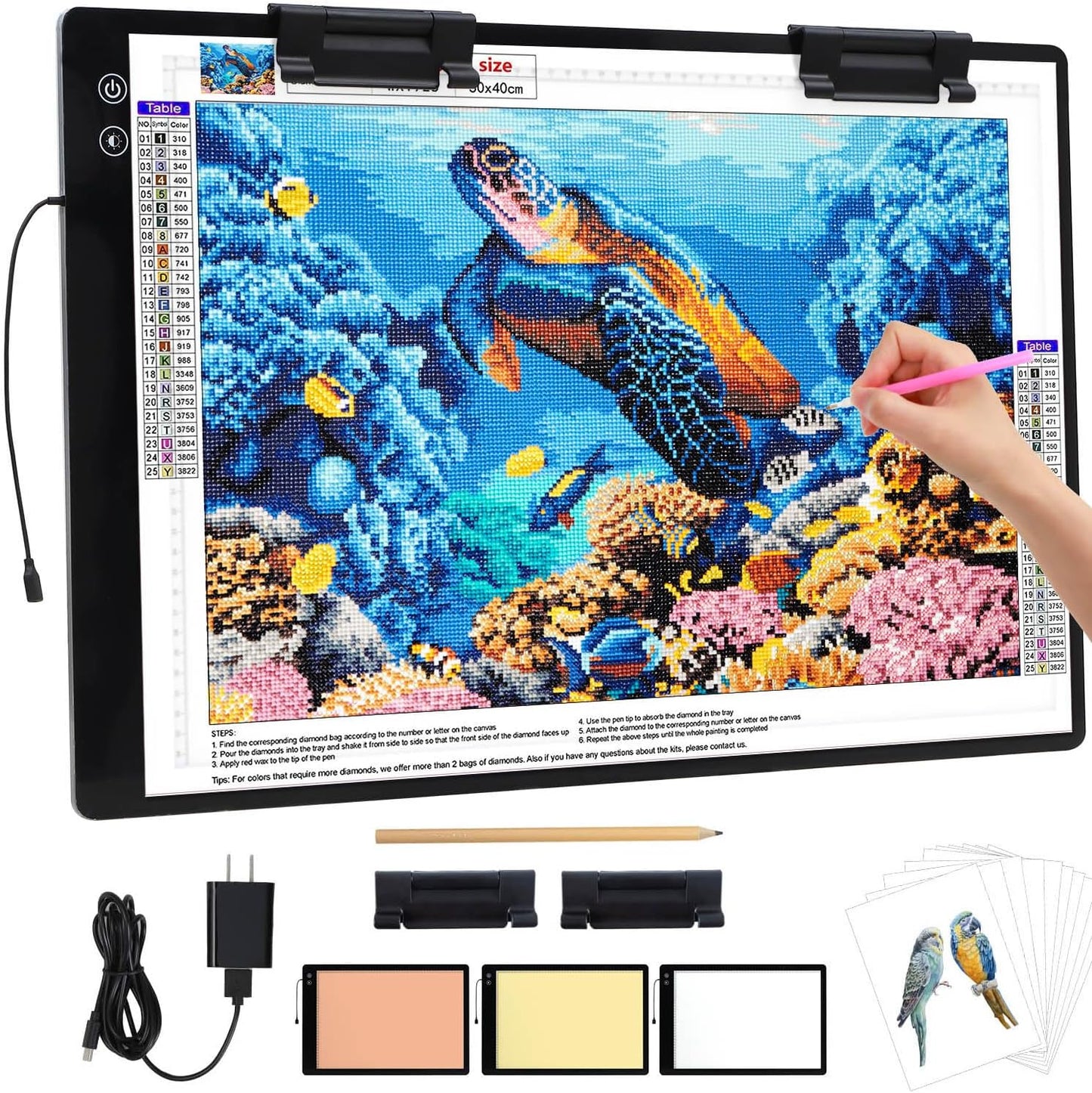 Rechargeable A3 Light Pad for Diamond Painting,Tracing Light Box with Stand and Clip,3 Colors Stepless Dimmable and 6 Levels of Brightness Light Board for Artists,Drawing,Sketching,Animation