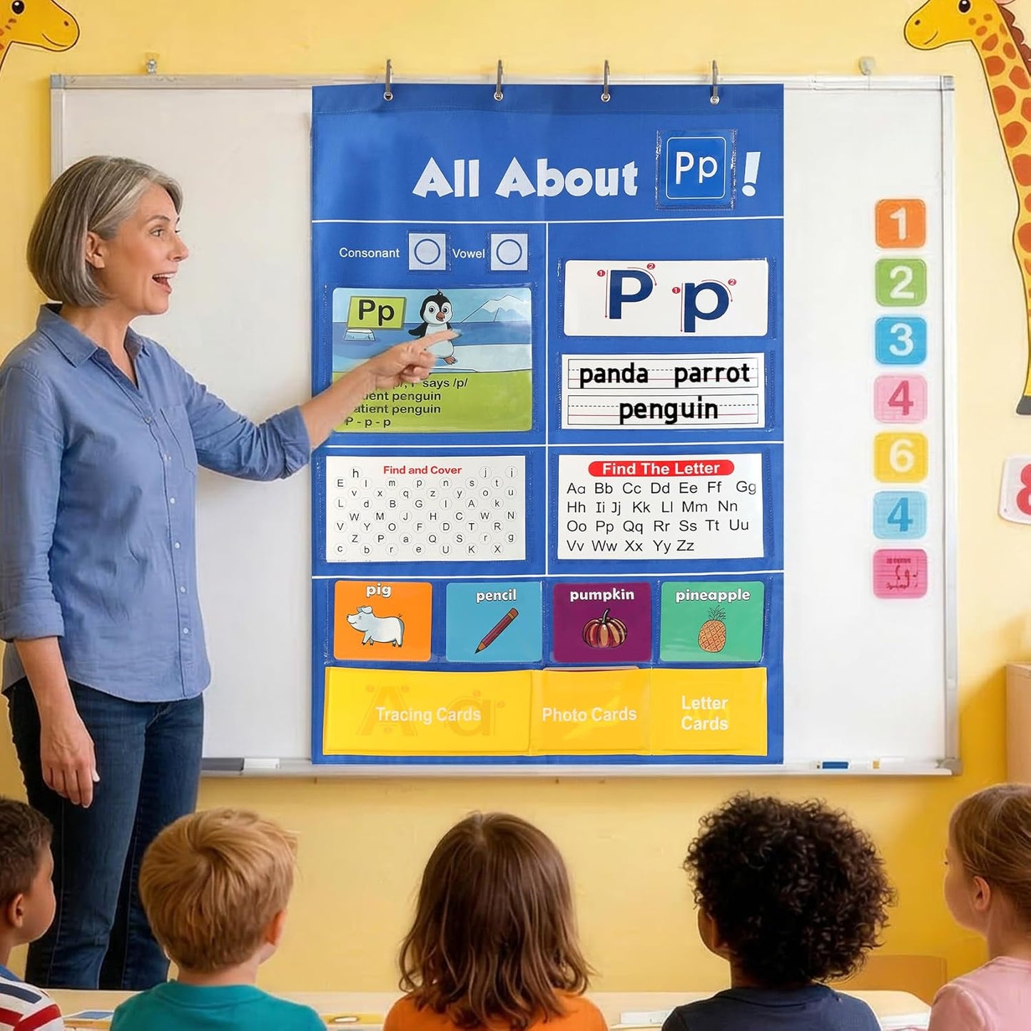 Alphabet Learning Pocket Chart, 41 * 28 Inch All About Letter Pocket Chart, ABC Letter Tracing & Sound Recognition Activity Wall Chart for Toddlers, Preschool & Homeschool Classroom Must Haves