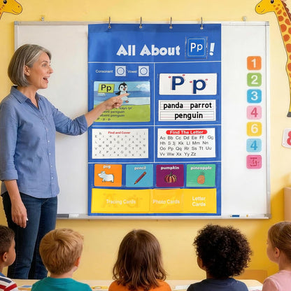 Alphabet Learning Pocket Chart, 41 * 28 Inch All About Letter Pocket Chart, ABC Letter Tracing & Sound Recognition Activity Wall Chart for Toddlers, Preschool & Homeschool Classroom Must Haves