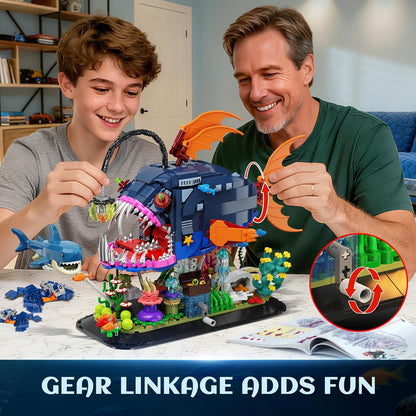 INSOON Mechanical Angler Fish Building Set with Lights, Movable Lantern Fish Building Blocks Toy with Shark Jellyfish, 1139 PCS Ocean Animal Building Kit, Home Decor Gift for Adults Teens Boys 12+
