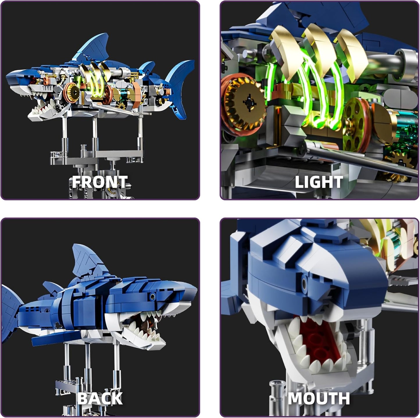1085-PCS Mechanical Piranhas Fish Building Set with LED Light, Movable Linkage Gears, Display Stand,Mechanical Fish