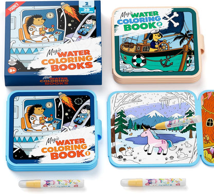 Reusable Water Coloring Books for Kids – 2 Pack EVA Magic Water Painting Books with 2 Water Pens, Animal Themes – Mess Free Coloring Activity, Reusable Travel Toy Gift for Kids Ages 3+