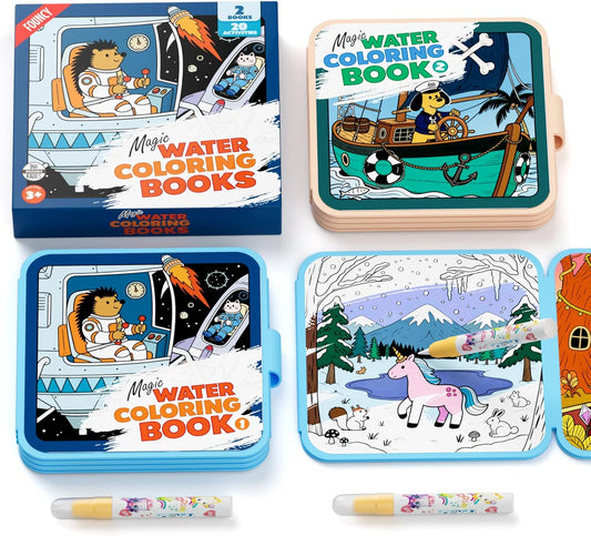 Reusable Water Coloring Books for Kids – 2 Pack EVA Magic Water Painting Books with 2 Water Pens, Animal Themes – Mess Free Coloring Activity, Reusable Travel Toy Gift for Kids Ages 3+