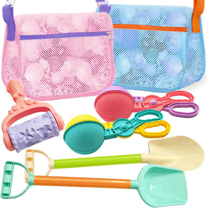 Beach Toy Mesh Beach Bag, 2Pcs Seashell Collecting Bags with Adjustable Shoulder Straps - 2pcs Sand Maker, Detachable Beach Shovels & Sand Rolling Mold, Outdoor Toys and Gifts for Kids