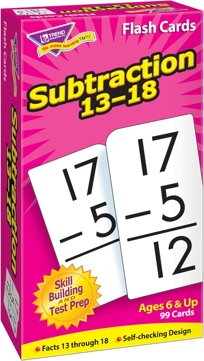 Trend Enterprises: Subtraction 13-18 Skill Drill Flash Cards, Exciting Way for Everyone to Learn, Self-Checking Design, Great for Skill Building and Test Prep, 99 Cards Included, Ages 6 and Up