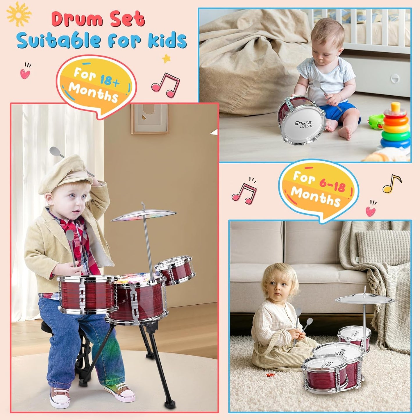Upgraded Toddler Drum Set with Lights Kids Jazz Drum Kit, Musical Instrument Toys for Toddler 3-5 Boys Girls Christmas Birthday Gift