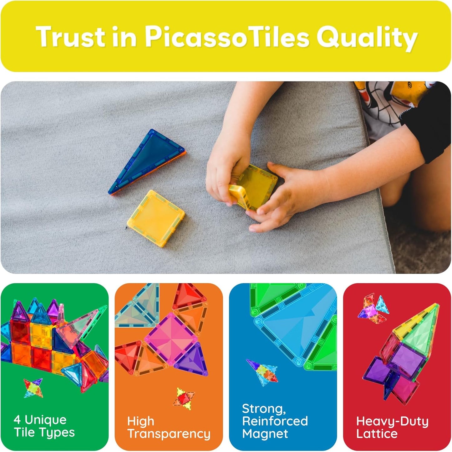 PicassoTiles 80 PCs Magnetic Tiles Travel Size Mini Version Building Block Construction Set for Kids Great Gift Ages 3+ Boys & Girls Preschool Kindergarten Montessori Playing Toys Stacking Fun PTM80