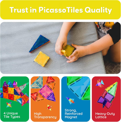PicassoTiles 80 PCs Magnetic Tiles Travel Size Mini Version Building Block Construction Set for Kids Great Gift Ages 3+ Boys & Girls Preschool Kindergarten Montessori Playing Toys Stacking Fun PTM80