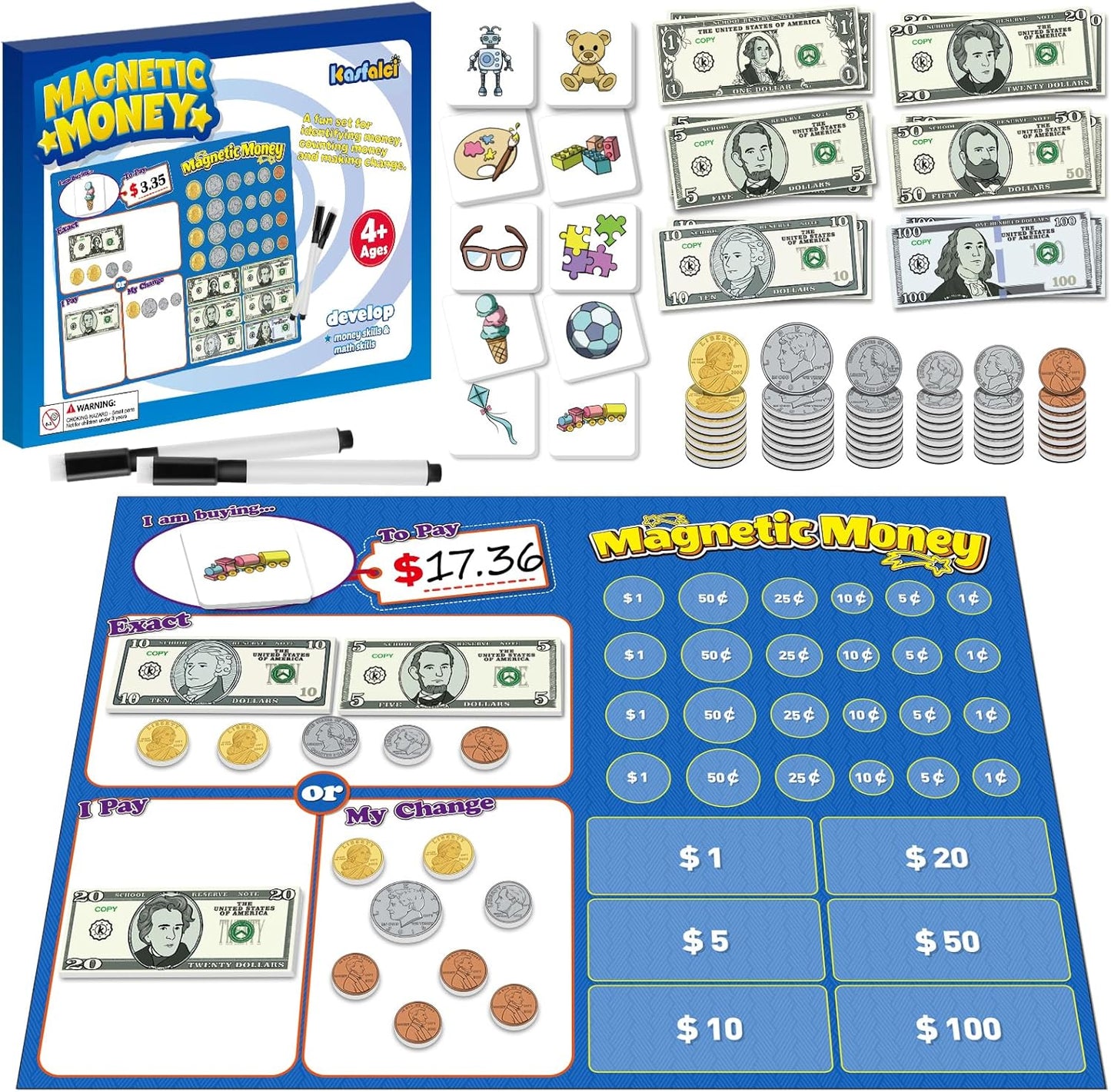 Kasfalci 60 PCS Magnetic Money for Kids for Learning, Math Manipulatives, Learning & Education Toys for Classroom, Pretend Play, Math Games for Toddler, Teacher and Homeschool Supplies