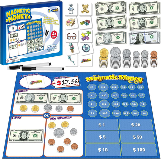 Kasfalci 60 PCS Magnetic Money for Kids for Learning, Math Manipulatives, Learning & Education Toys for Classroom, Pretend Play, Math Games for Toddler, Teacher and Homeschool Supplies