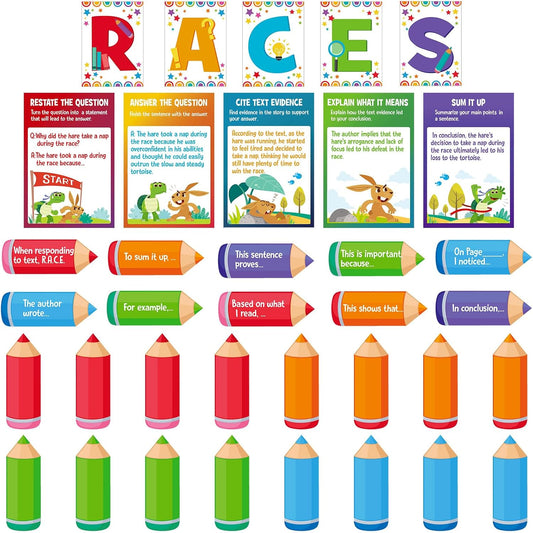Outus 36 Pcs RACES Writing Strategy Bulletin Board Set, Alphabet Cutout Poster Sentence Starters Cards for Elementary School Classroom, Writing Display Wall Decoration Teacher Supply(Greenery)
